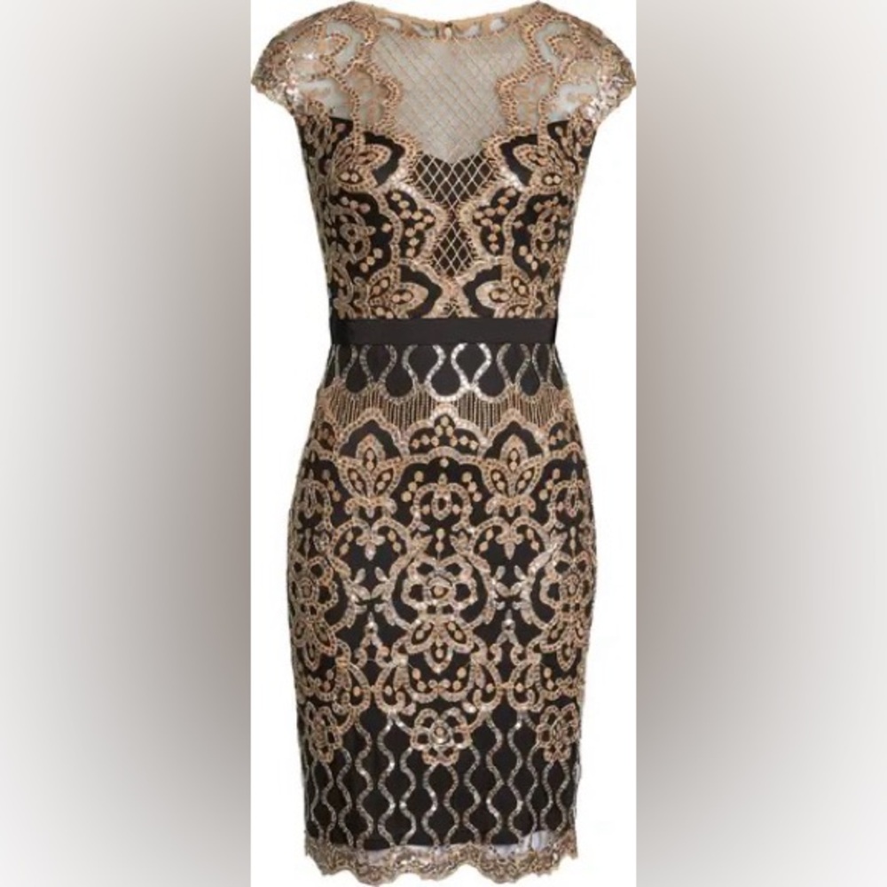 Tadashi Shoji Sequin Lace Body-Con Cocktail Black Gold Dress Sz 8 - Picture 1 of 5